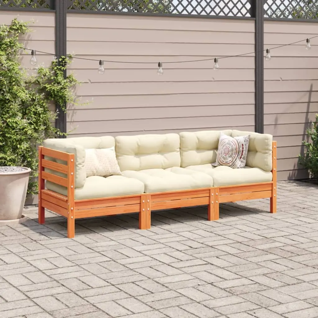 3 Piece Outdoor Garden Sofa Set with Cushions Brown Solid Pinewood Patio