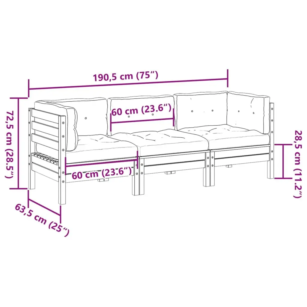 3 Piece Outdoor Garden Sofa Set with Cushions Brown Solid Pinewood Patio