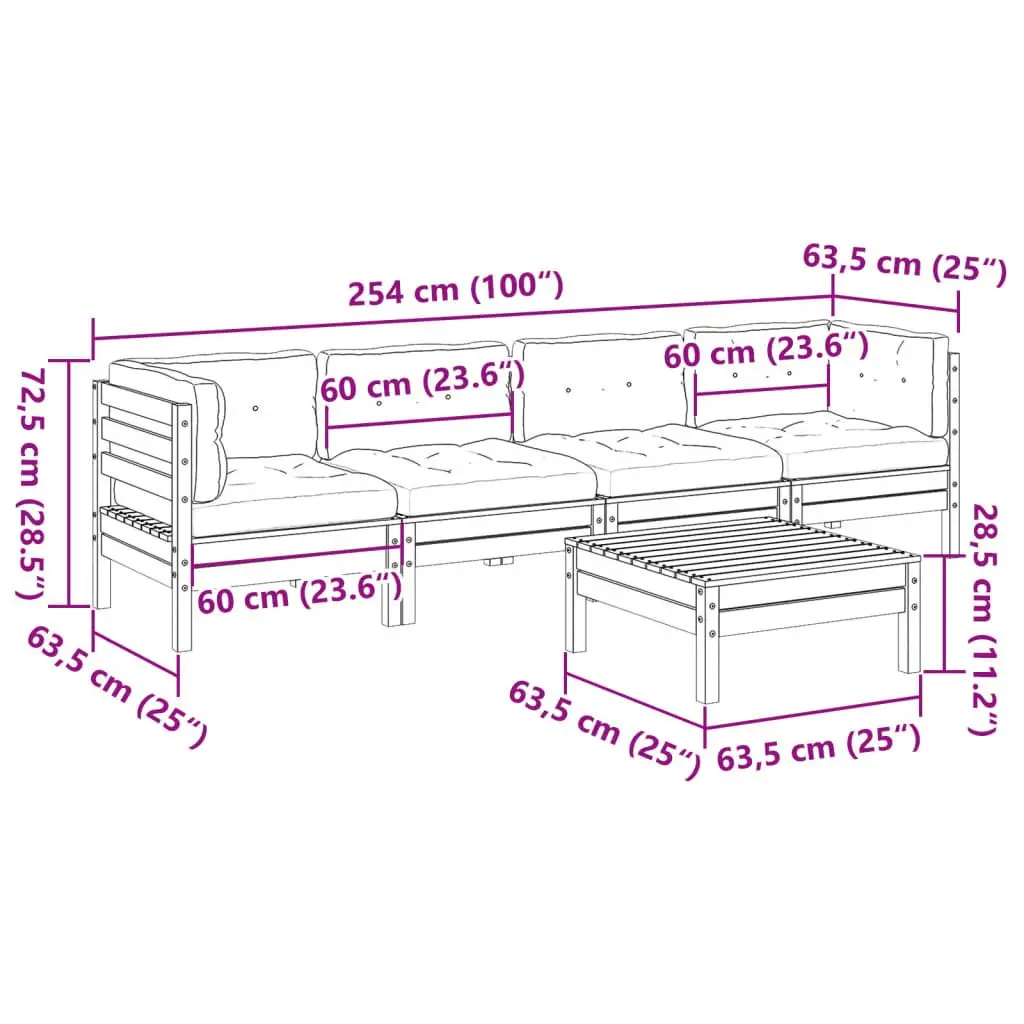 5 Piece Garden Sofa Set for Backyard Terrace Patio Solid Pinewood with Cushions