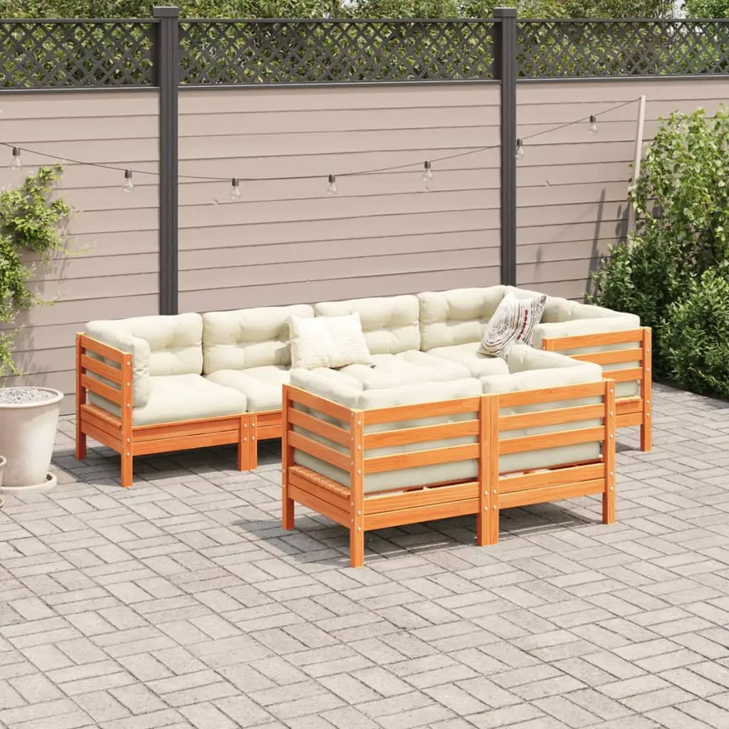 Garden Sofa Set 7 Piece Outdoor Furniture Brown Wood with Cushions Patio Seating