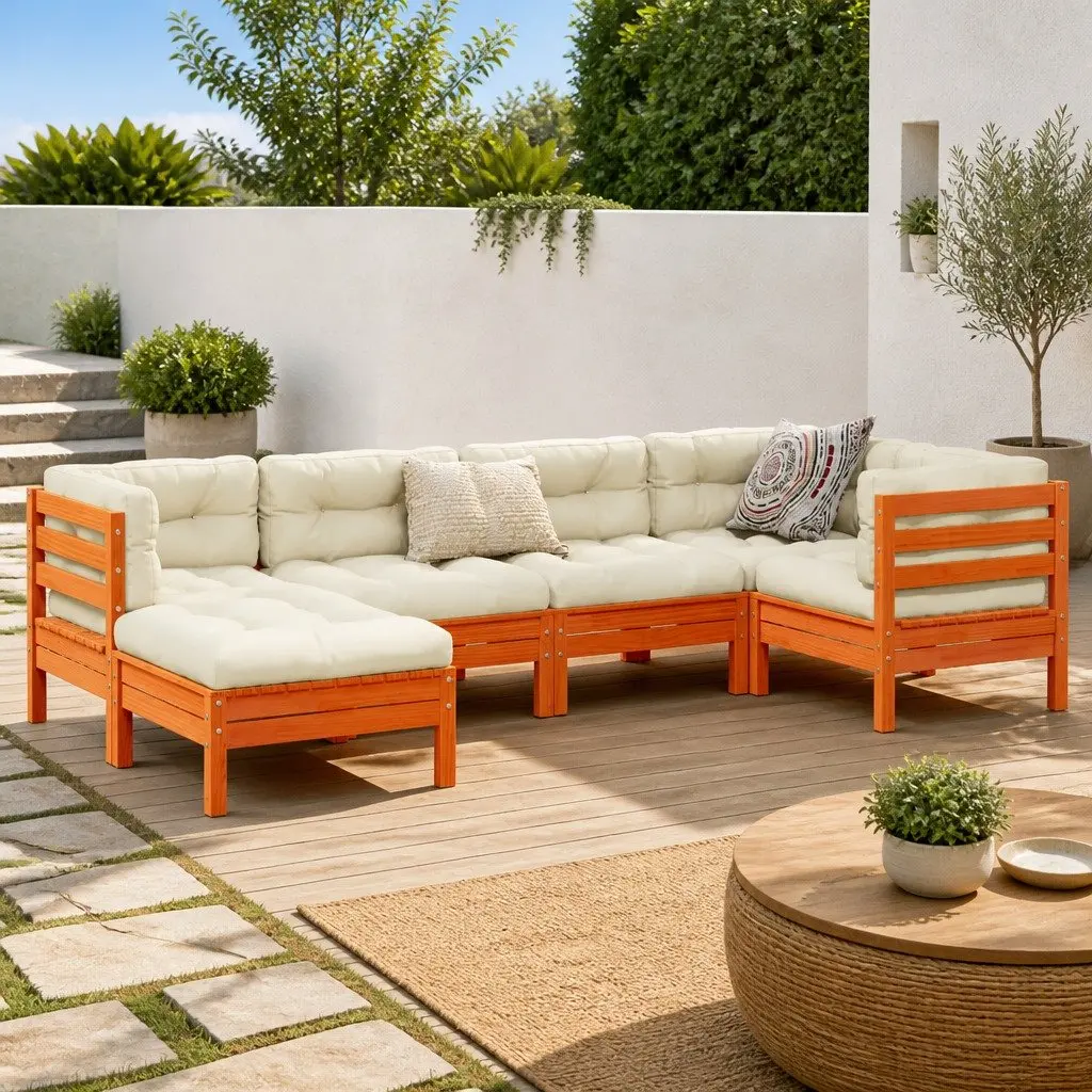 Garden Sofa Set 6 Piece Outdoor Use Brown Solid Pine with Cushions