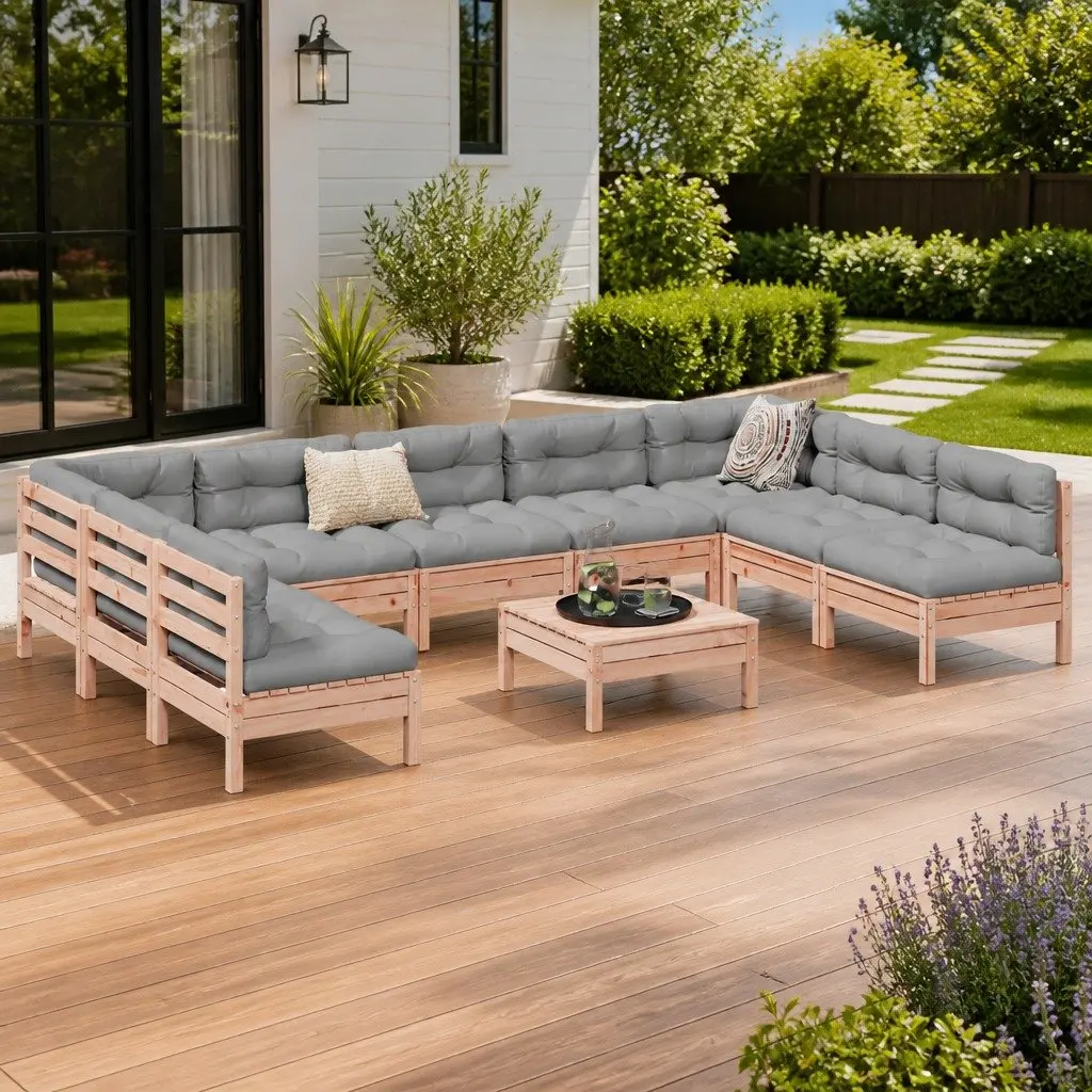 Outdoor Garden Sofa Set 10 Piece Modular Patio Furniture with Cushions Wood