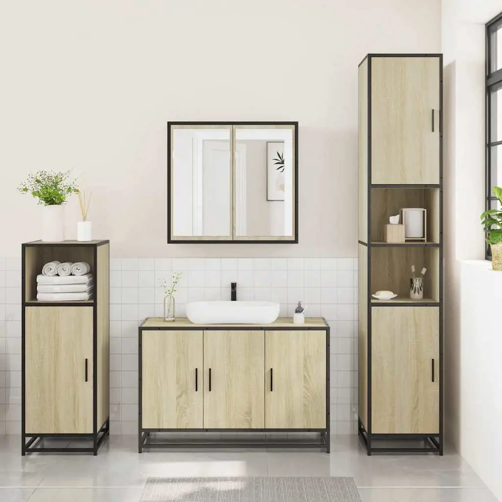 3 Piece Bathroom Vanity Set Engineered Wood for Storage with Mirror and Cabinet Brown