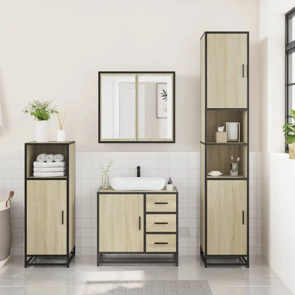 Bathroom Furniture Set 3 Piece Vanity Cabinet Mirror Storage Engineered Wood