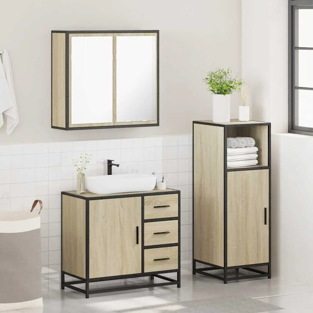 Bathroom Furniture Set 3 Piece Vanity Cabinet Mirror Storage Engineered Wood
