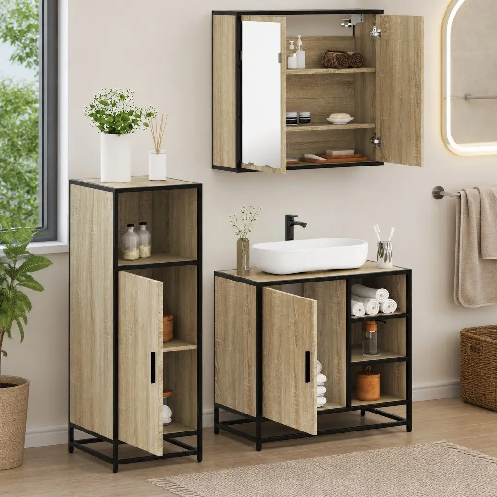 Engineered Wood Bathroom Furniture Set with Mirror—3 Pieces
