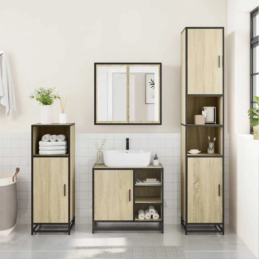 Bathroom Furniture Set 3 Piece Brown Vanity Cabinet Mirror Storage Engineered Wood