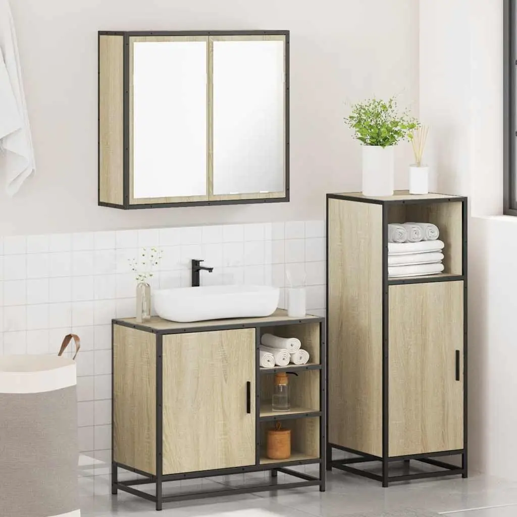 Bathroom Furniture Set 3 Piece Brown Vanity Cabinet Mirror Storage Engineered Wood