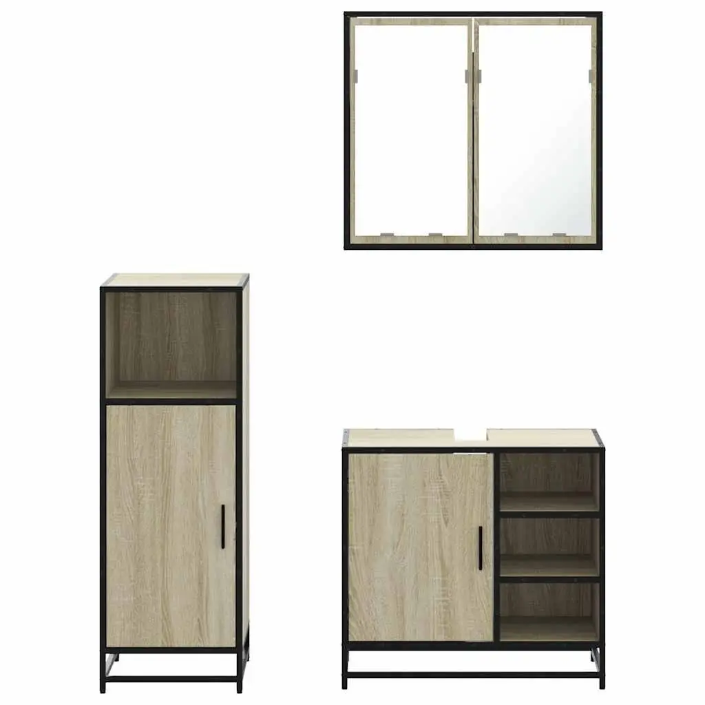 Bathroom Furniture Set 3 Piece Brown Vanity Cabinet Mirror Storage Engineered Wood