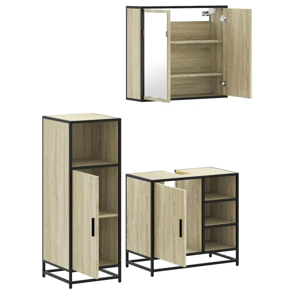 Bathroom Furniture Set 3 Piece Brown Vanity Cabinet Mirror Storage Engineered Wood