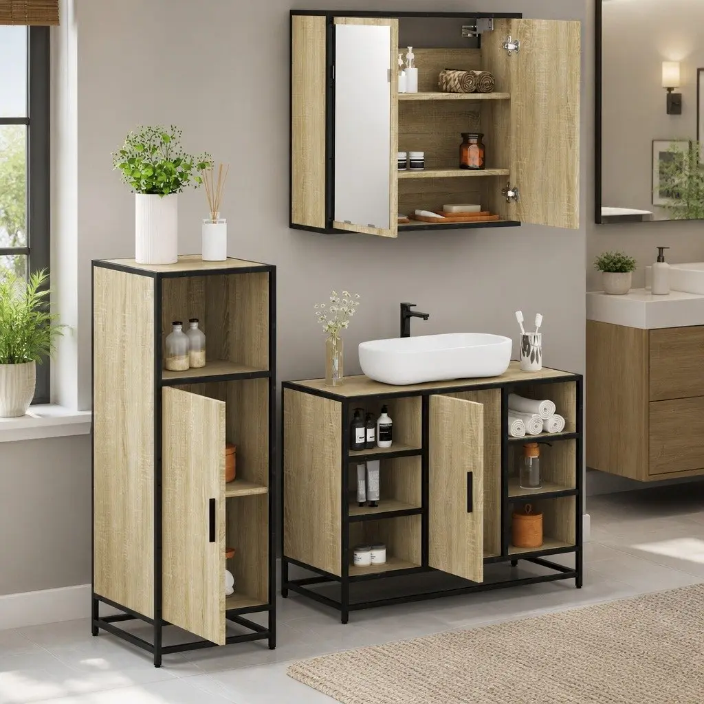 Bathroom Furniture Set 3 Piece Brown Vanity Cabinet Mirror Storage Unit
