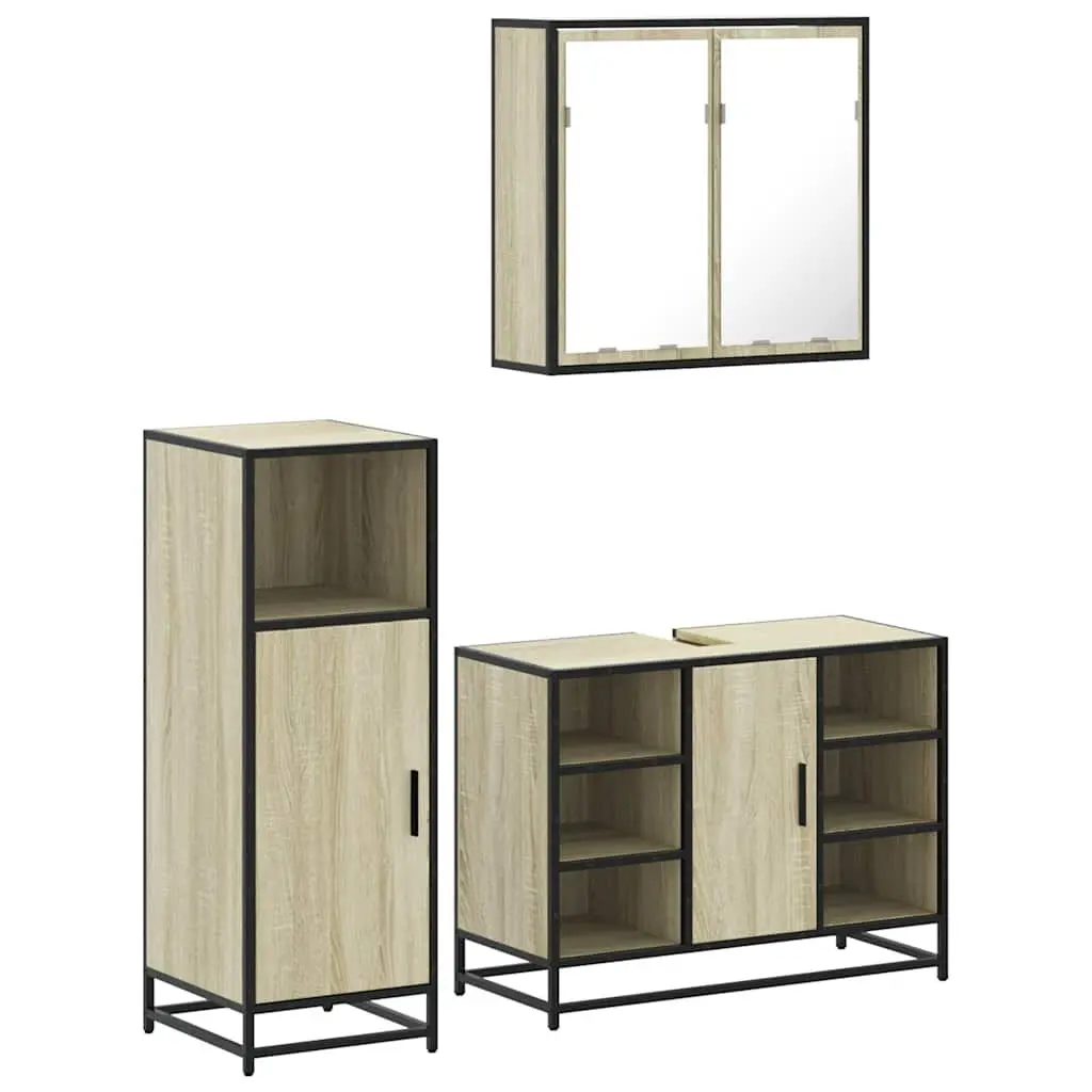 Bathroom Furniture Set 3 Piece Brown Vanity Cabinet Mirror Storage Unit