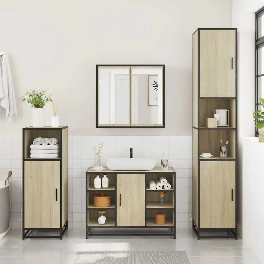 Bathroom Furniture Set 3 Piece Brown Vanity Cabinet Mirror Storage Unit