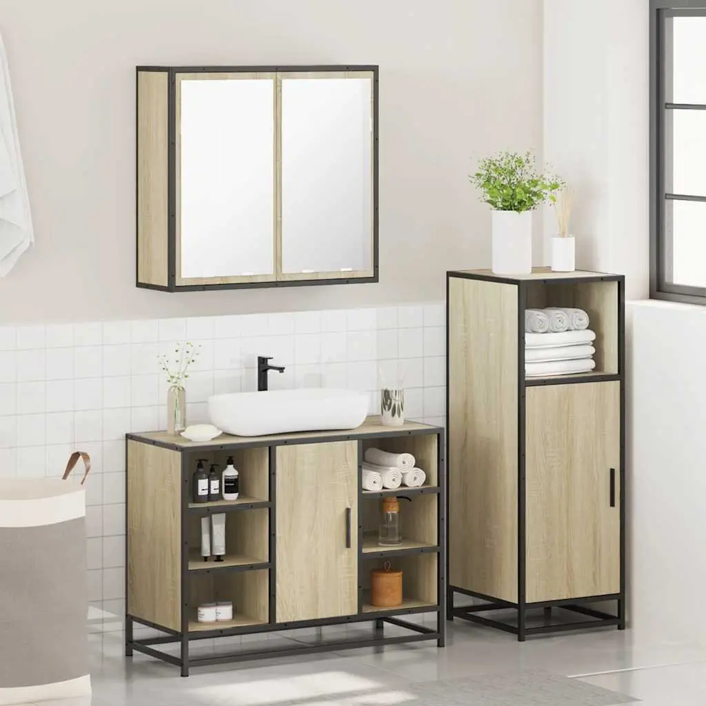 Bathroom Furniture Set 3 Piece Brown Vanity Cabinet Mirror Storage Unit
