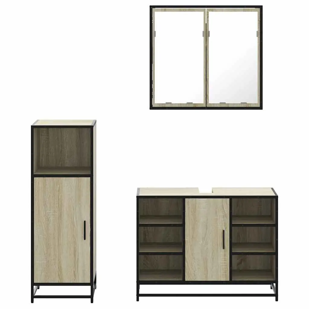 Bathroom Furniture Set 3 Piece Brown Vanity Cabinet Mirror Storage Unit