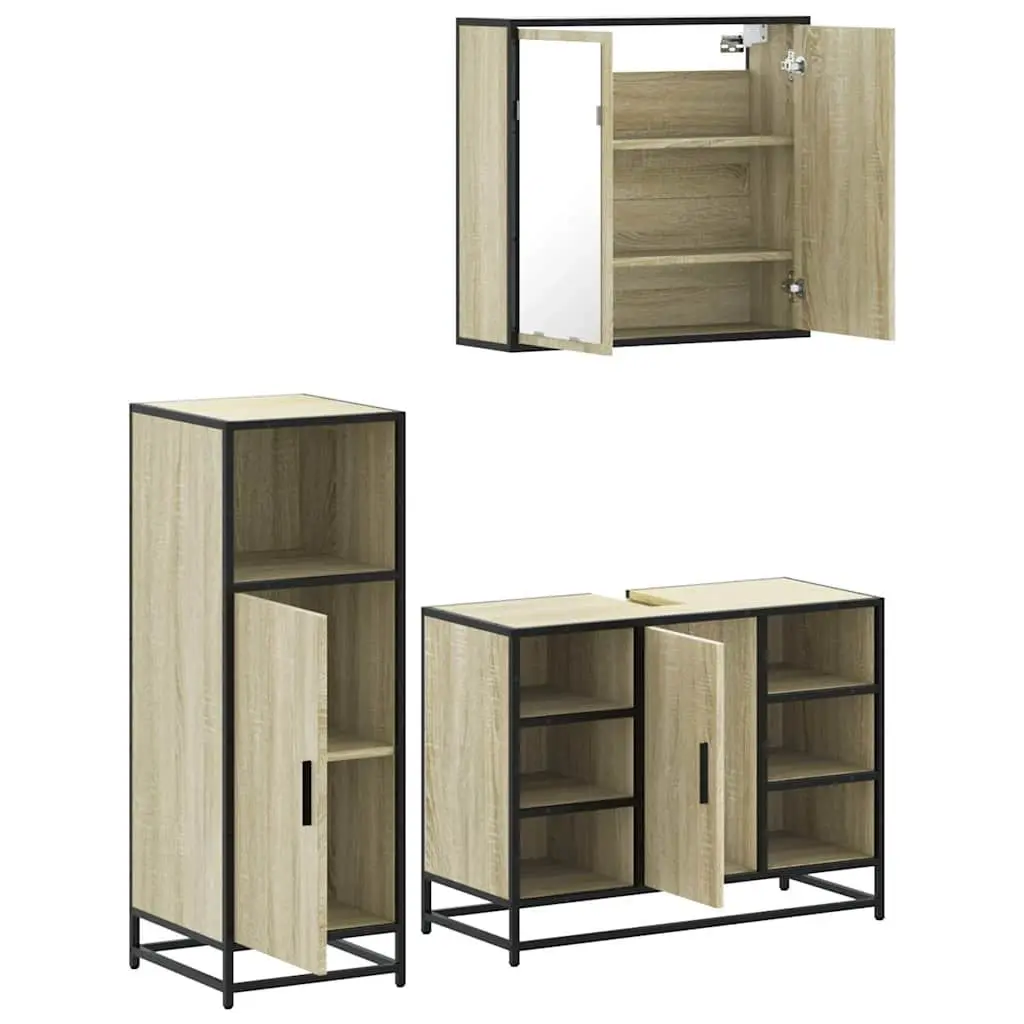 Bathroom Furniture Set 3 Piece Brown Vanity Cabinet Mirror Storage Unit