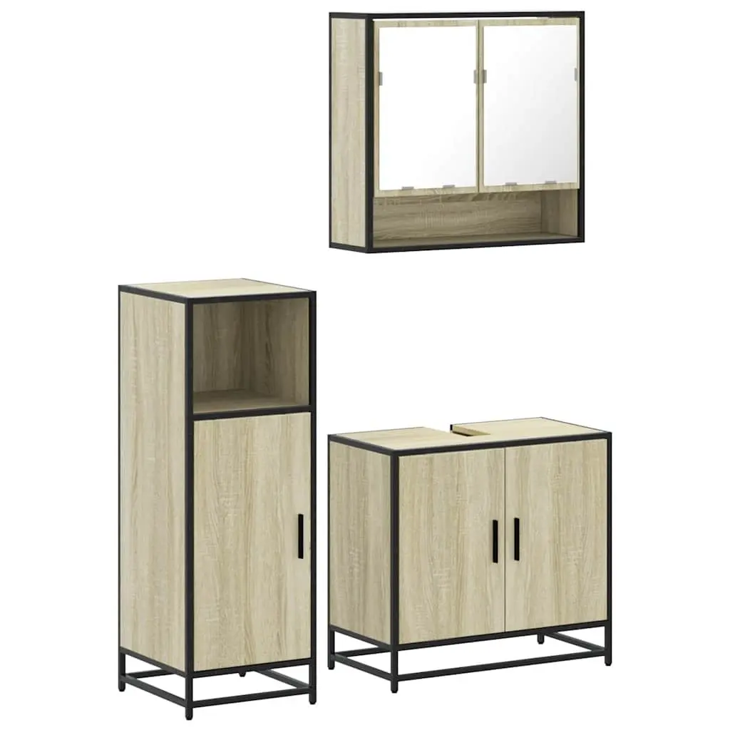Bathroom Furniture Set 3 Piece Brown Engineered Wood Vanity Cabinet Mirror