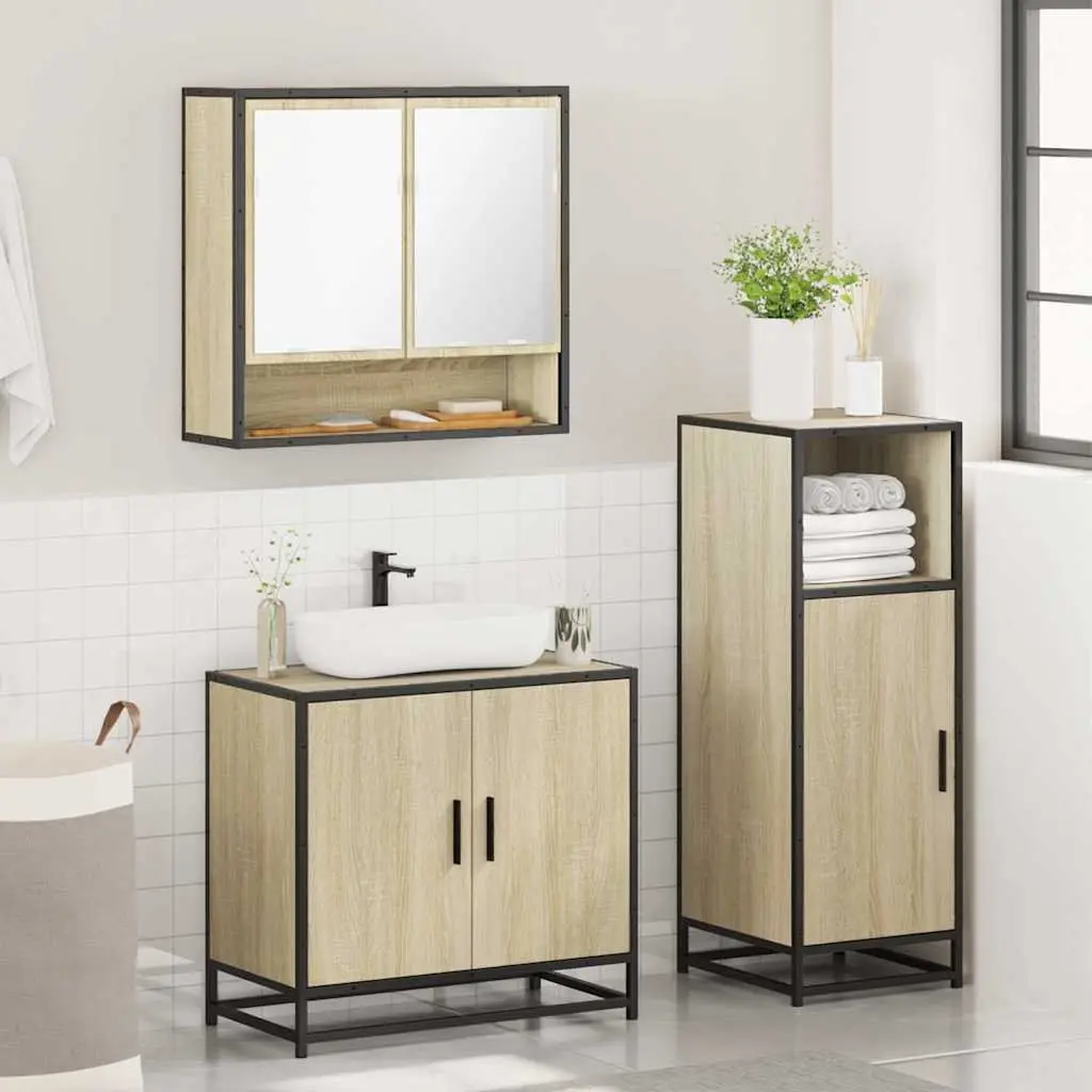 Bathroom Furniture Set 3 Piece Brown Engineered Wood Vanity Cabinet Mirror