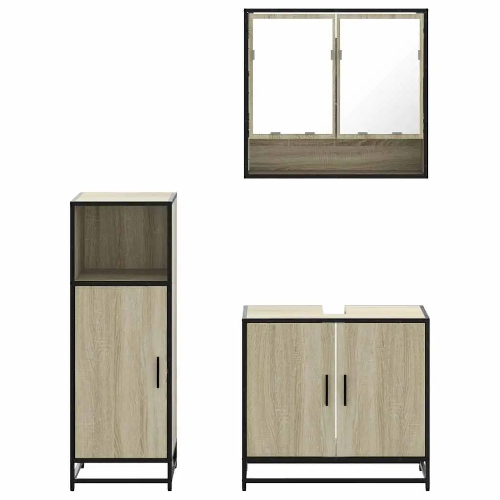 Bathroom Furniture Set 3 Piece Brown Engineered Wood Vanity Cabinet Mirror