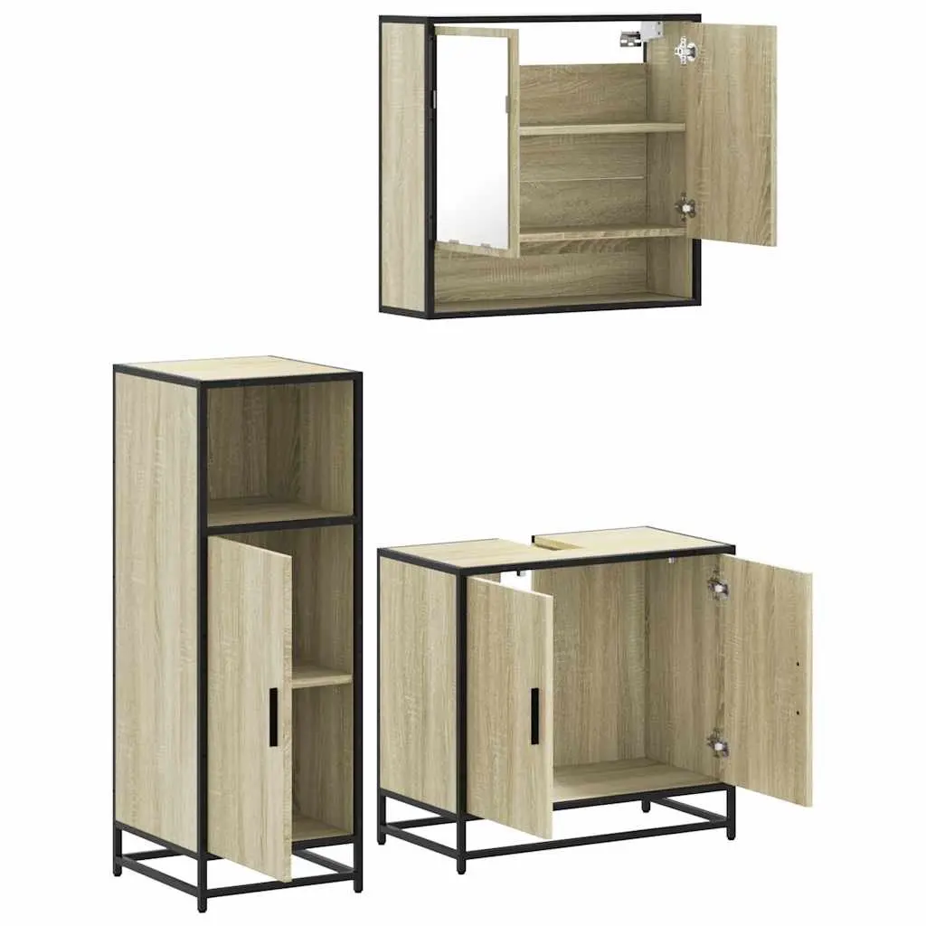 Bathroom Furniture Set 3 Piece Brown Engineered Wood Vanity Cabinet Mirror
