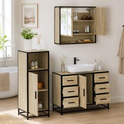 3-Piece Bathroom Furniture Set Specifications: Brown Wood & Mirror