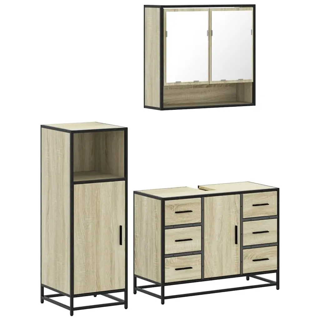 Bathroom Furniture Set 3 Piece Brown Engineered Wood Vanity Cabinet Mirror