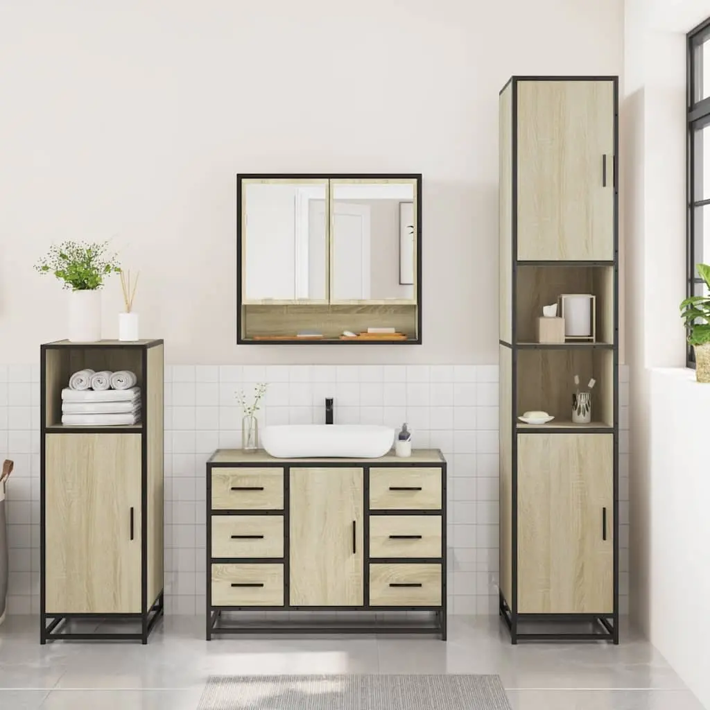 Bathroom Furniture Set 3 Piece Brown Engineered Wood Vanity Cabinet Mirror