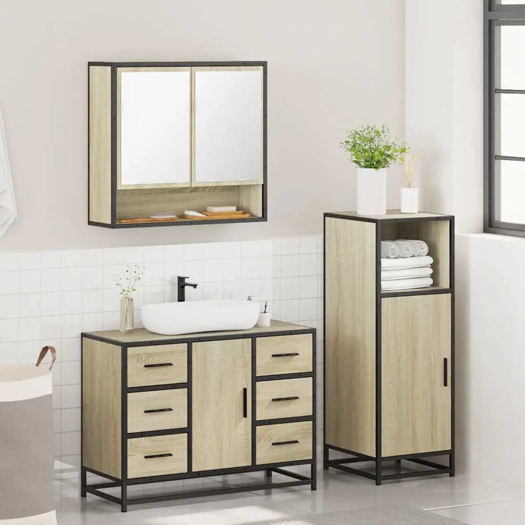 Bathroom Furniture Set 3 Piece Brown Engineered Wood Vanity Cabinet Mirror