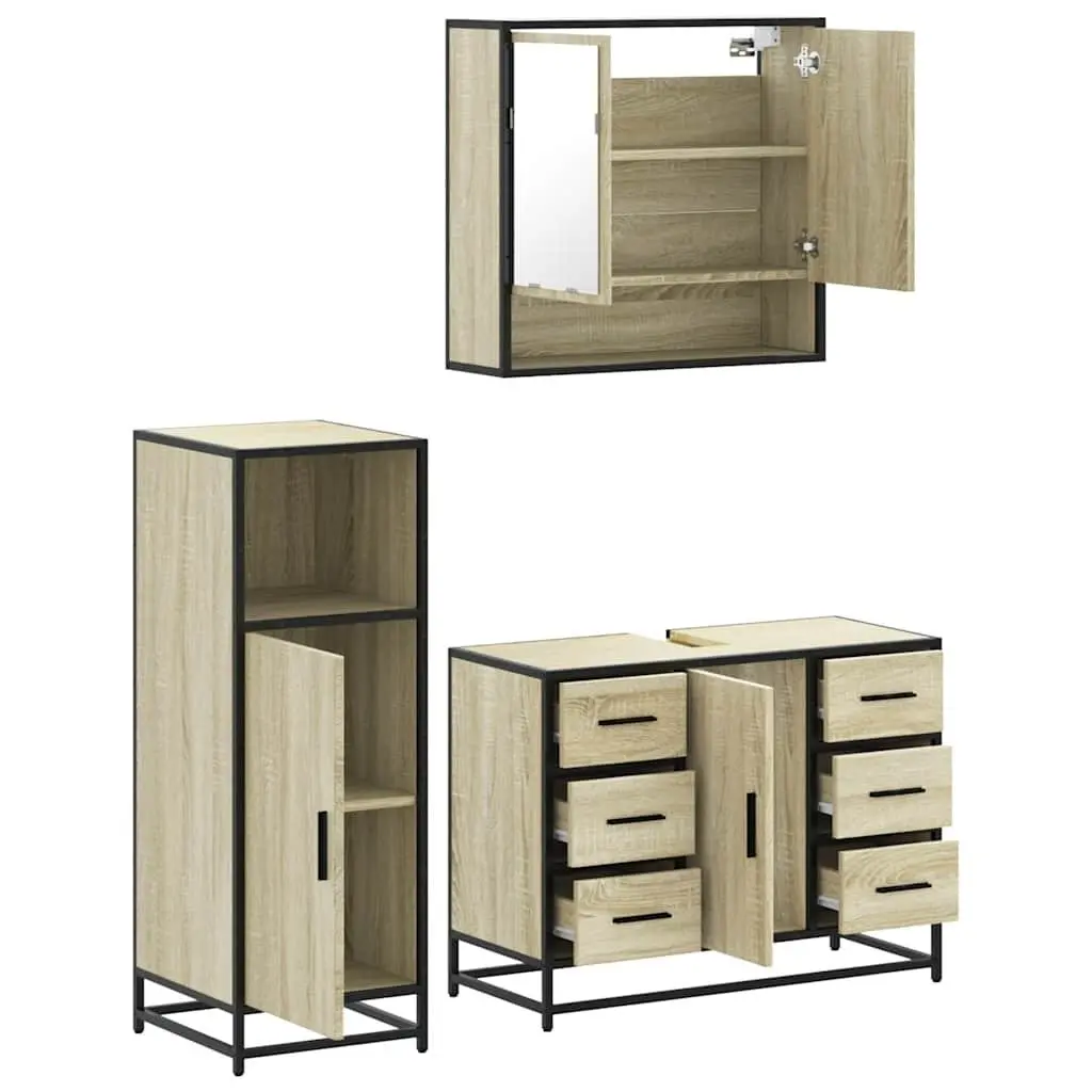 Bathroom Furniture Set 3 Piece Brown Engineered Wood Vanity Cabinet Mirror