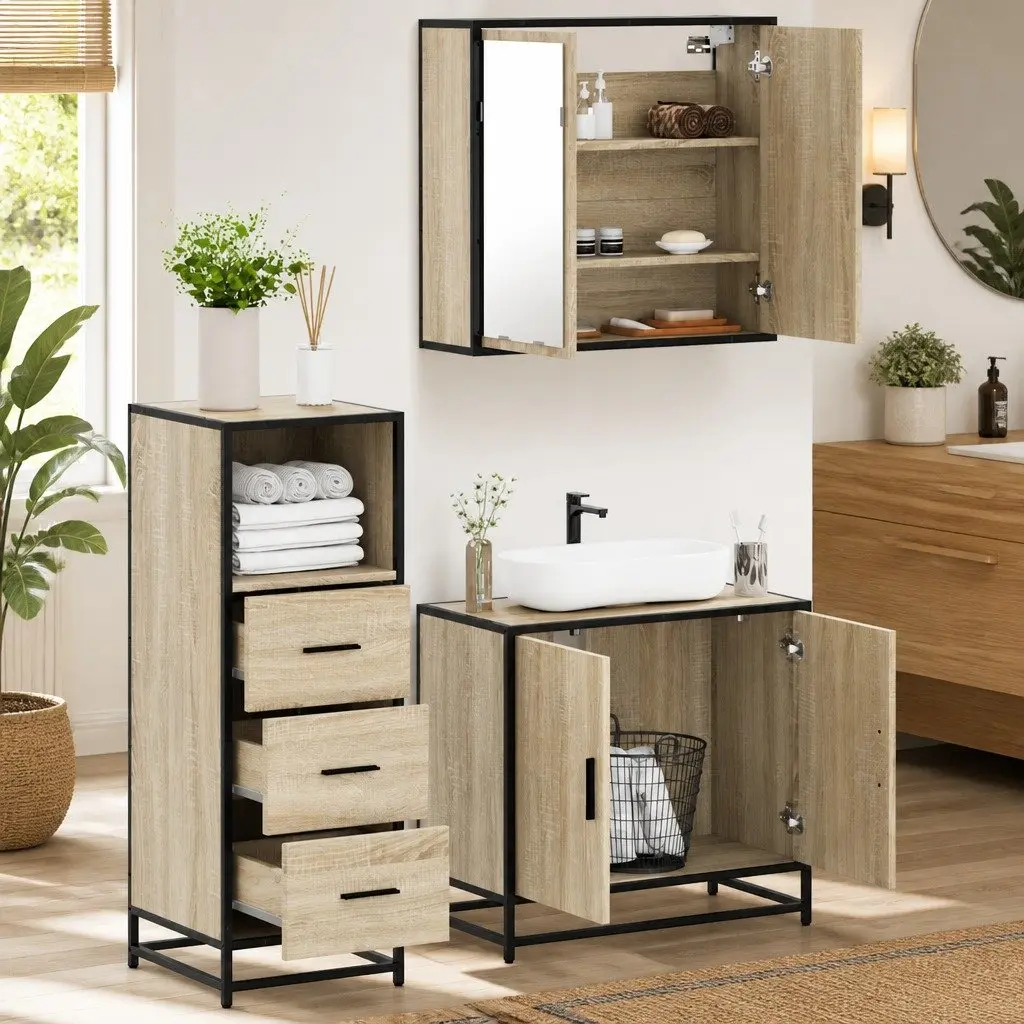 3 Piece Bathroom Furniture Set for Bathroom Brown Engineered Wood Vanity Cabinet with Mirror