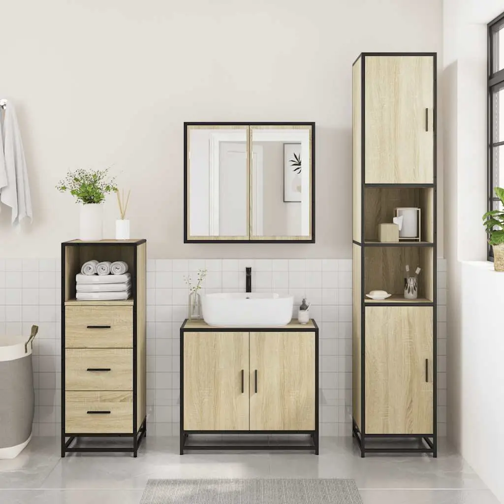 3 Piece Bathroom Furniture Set for Bathroom Brown Engineered Wood Vanity Cabinet with Mirror