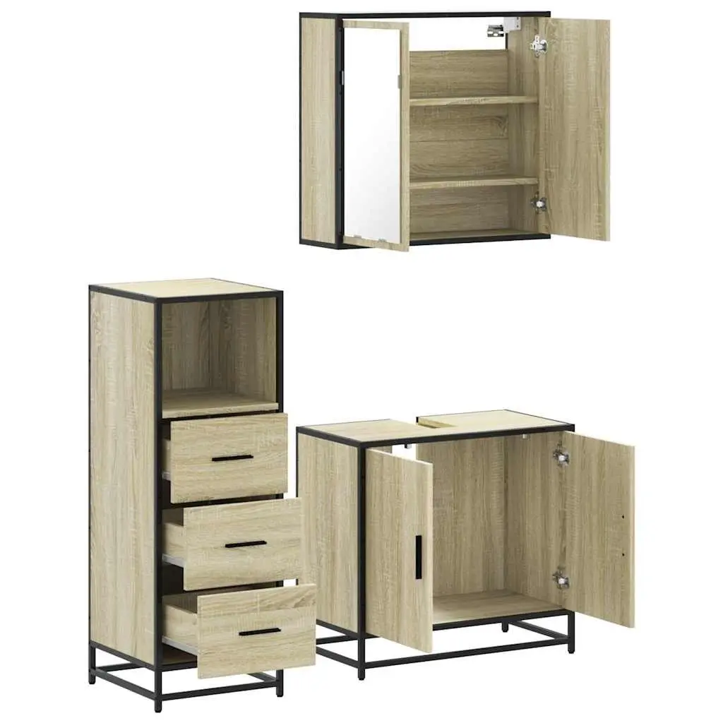 3 Piece Bathroom Furniture Set for Bathroom Brown Engineered Wood Vanity Cabinet with Mirror