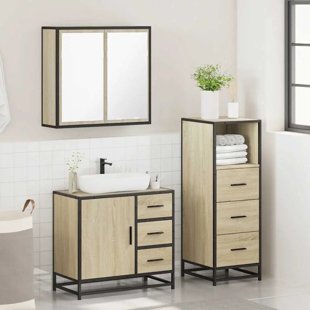 3 Piece Vanity Set for Bathroom with Mirror Brown Engineered Wood