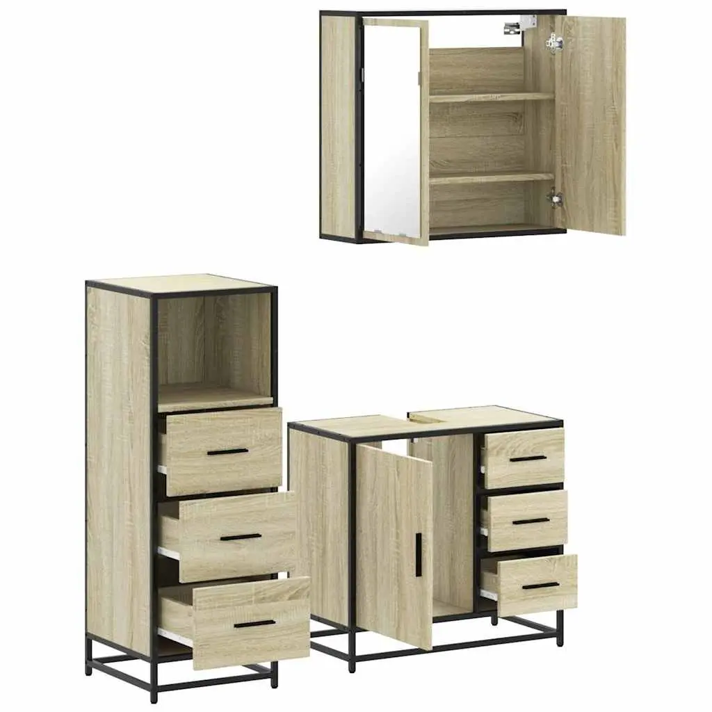 3 Piece Vanity Set for Bathroom with Mirror Brown Engineered Wood