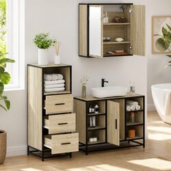 3 Piece Bathroom Set: Brown Vanity Cabinet and Mirror