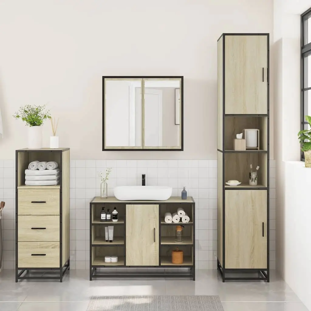3 Piece Bathroom Furniture Set for Organizing Space with Brown Vanity Cabinet and Mirror