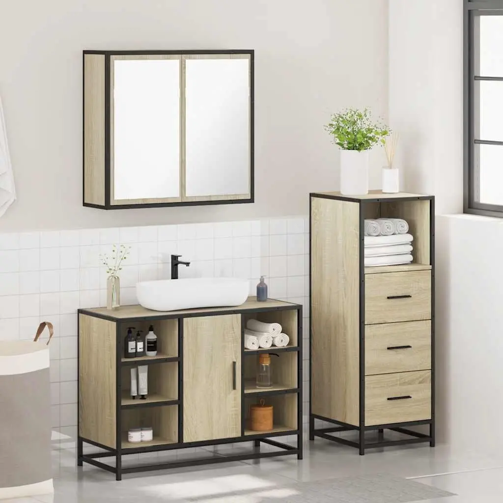 3 Piece Bathroom Furniture Set for Organizing Space with Brown Vanity Cabinet and Mirror