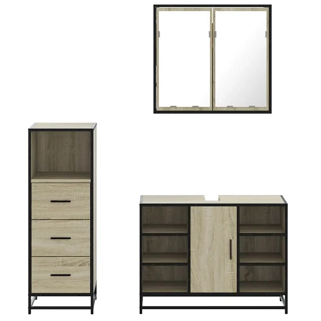 3 Piece Bathroom Furniture Set for Organizing Space with Brown Vanity Cabinet and Mirror