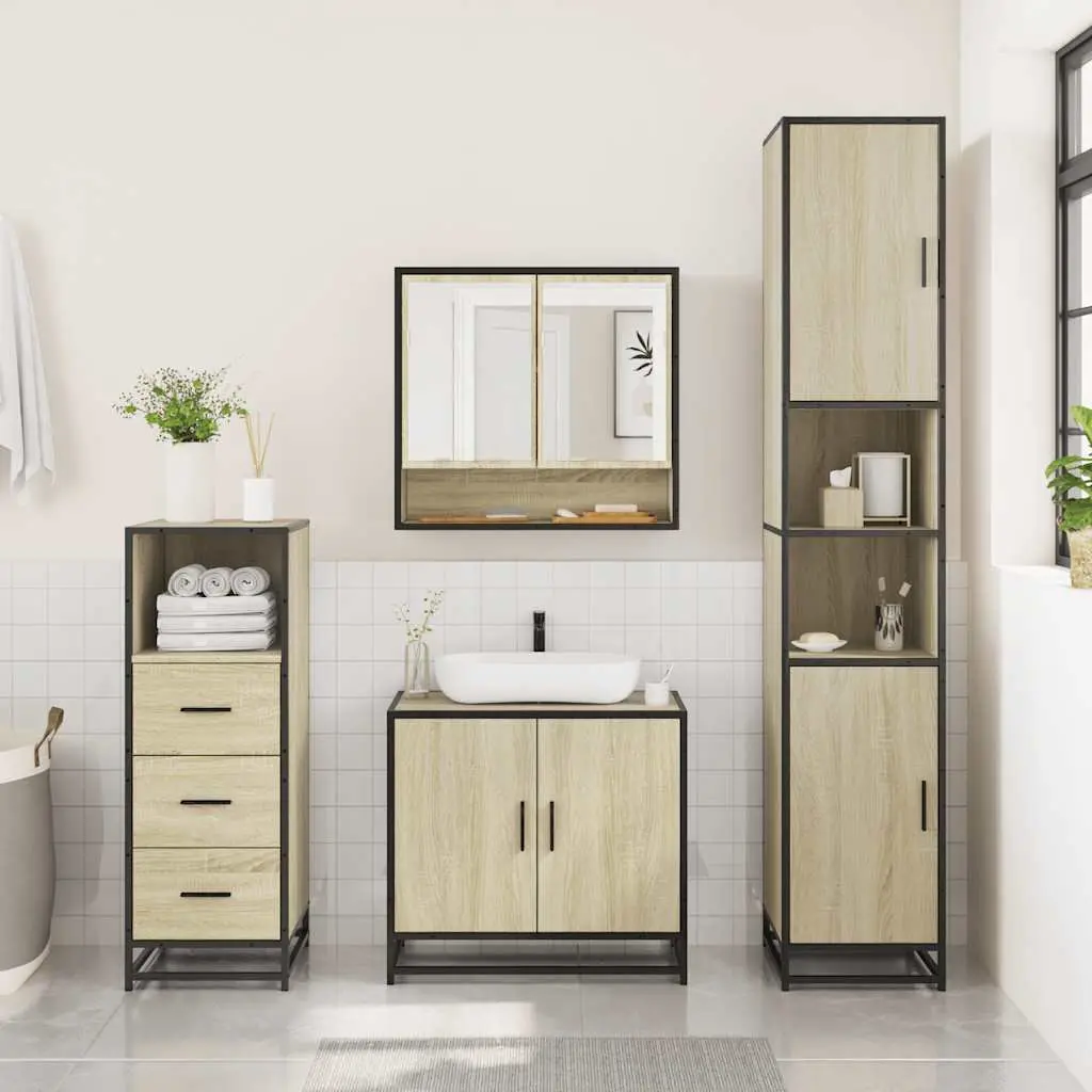 Bathroom Furniture Set 3 Piece Vanity Cabinet Mirror Storage Engineered Wood