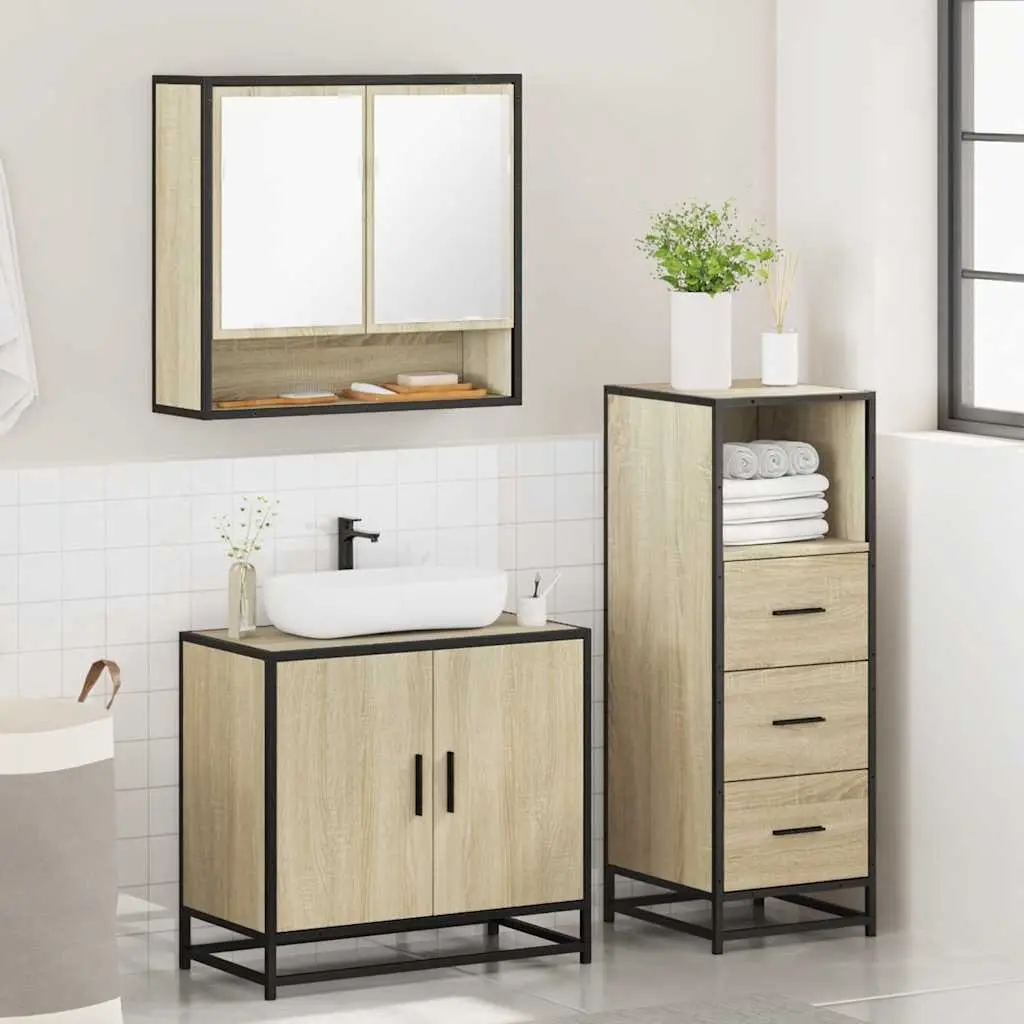 Bathroom Furniture Set 3 Piece Vanity Cabinet Mirror Storage Engineered Wood