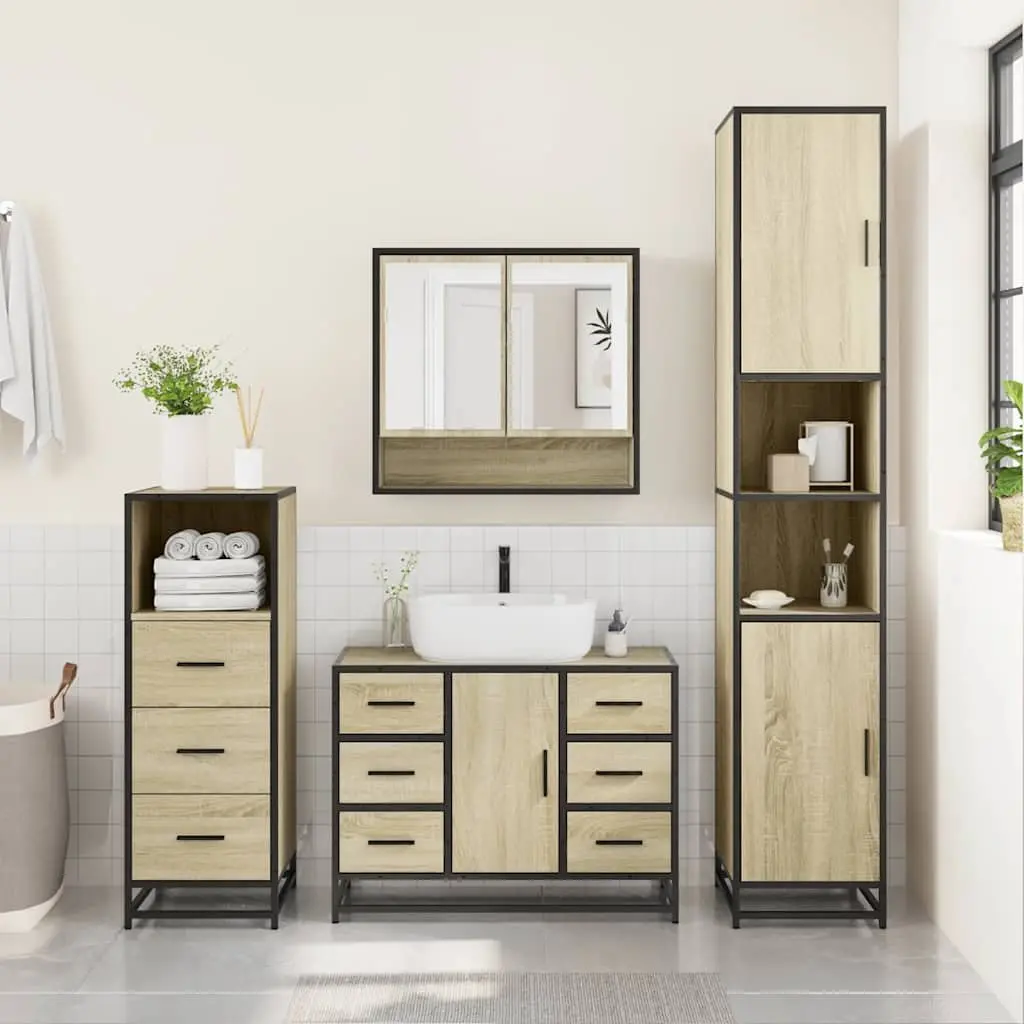 3 Piece Vanity Cabinet Bathroom Set Engineered Wood Brown with Mirror