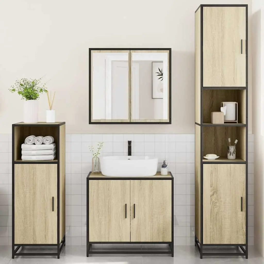 Bathroom Furniture Set 4 Piece Sonoma Oak Engineered Wood Storage Cabinet Mirror