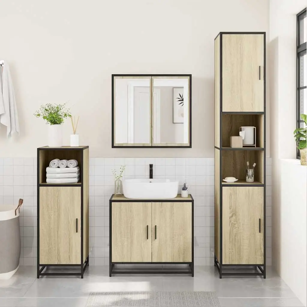 Bathroom Furniture Set 4 Piece Sonoma Oak Engineered Wood Storage Cabinet Mirror