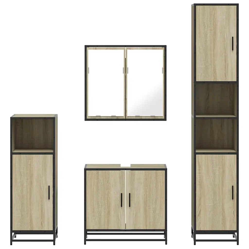 Bathroom Furniture Set 4 Piece Sonoma Oak Engineered Wood Storage Cabinet Mirror