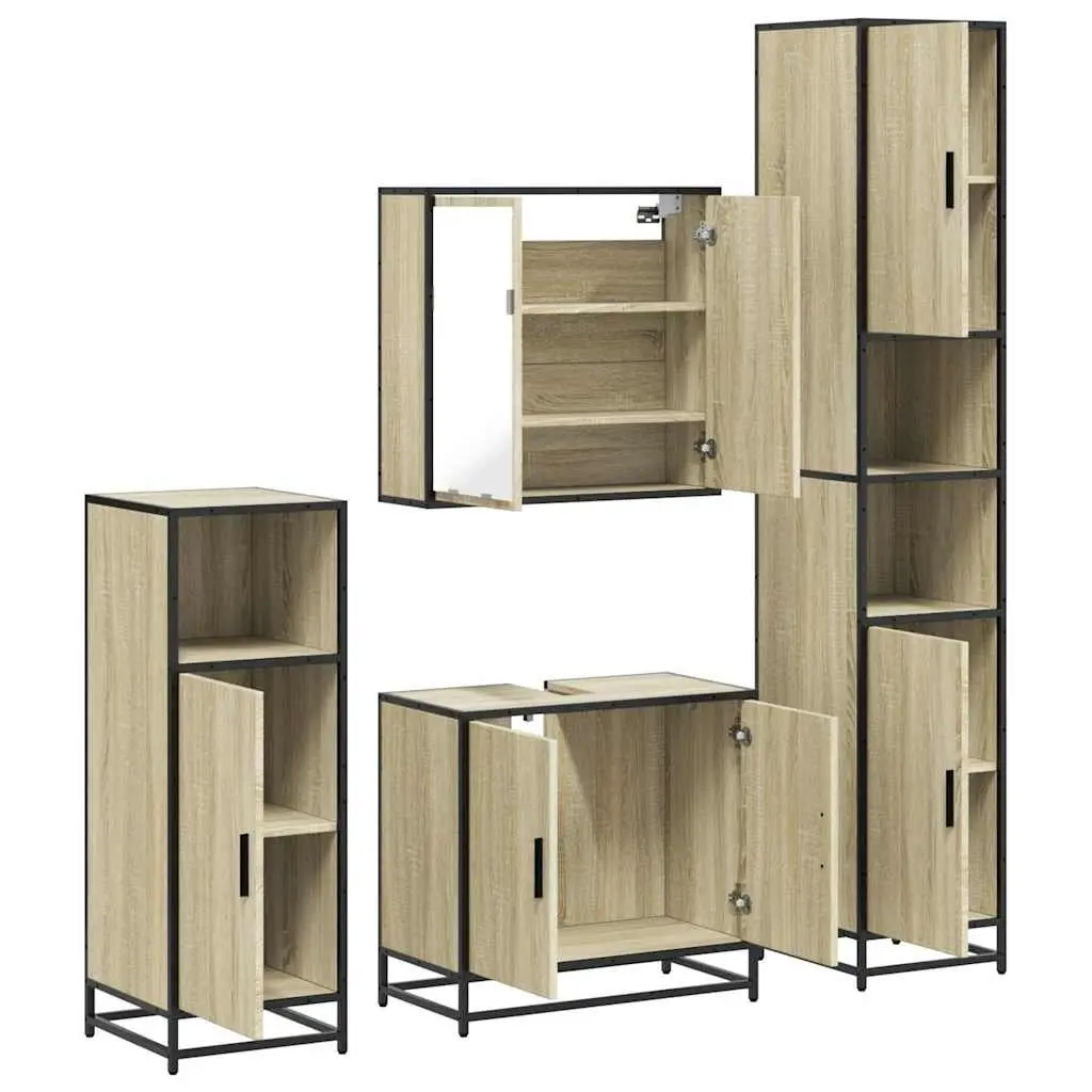 Bathroom Furniture Set 4 Piece Sonoma Oak Engineered Wood Storage Cabinet Mirror