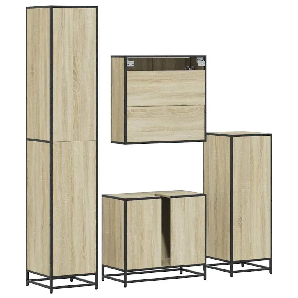 Bathroom Furniture Set 4 Piece Sonoma Oak Engineered Wood Storage Cabinet Mirror