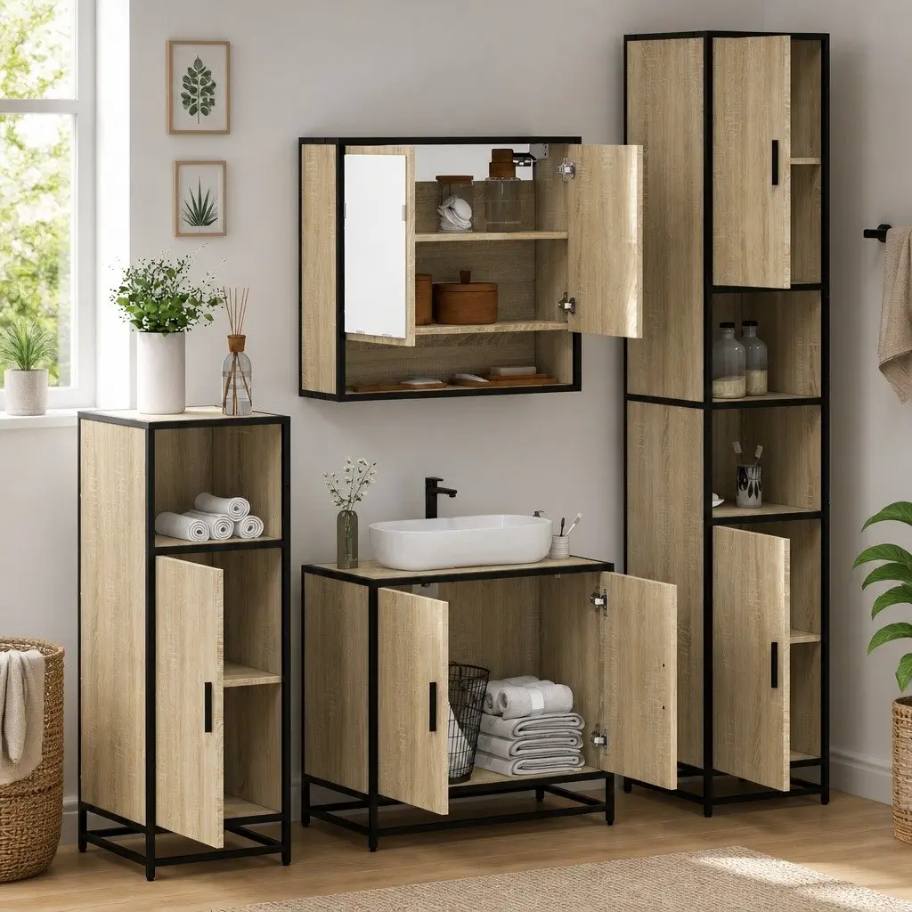 4 Piece Brown Bathroom Set Engineered Wood Metal Frame Wall-Mounted Storage Cabinet Mirror