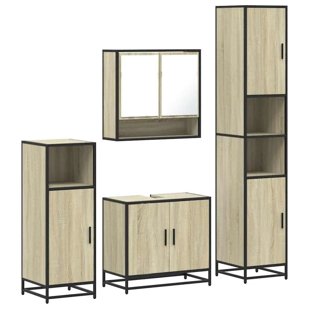 4 Piece Brown Bathroom Set Engineered Wood Metal Frame Wall-Mounted Storage Cabinet Mirror