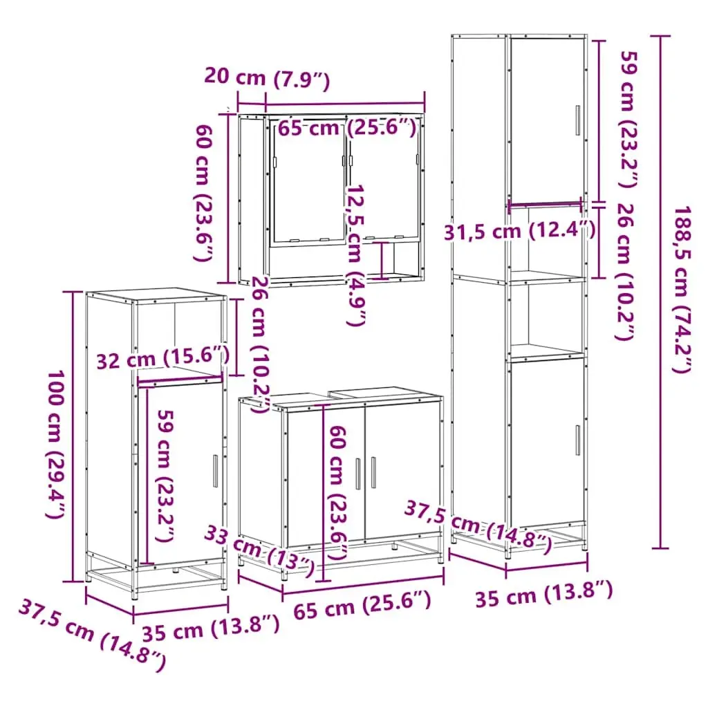 4 Piece Brown Bathroom Set Engineered Wood Metal Frame Wall-Mounted Storage Cabinet Mirror