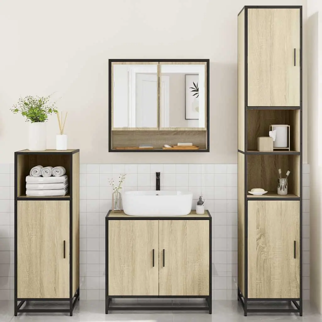 4 Piece Brown Bathroom Set Engineered Wood Metal Frame Wall-Mounted Storage Cabinet Mirror